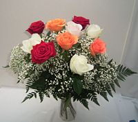 Roses variées longues tiges avec gypsophile et fougère